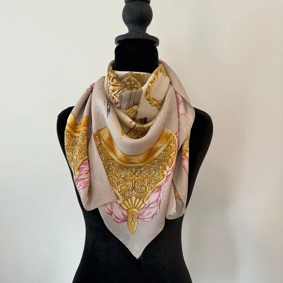 Authentic Lancel Silk Scarf with Gold and Pink Design - Picture 9 of 11